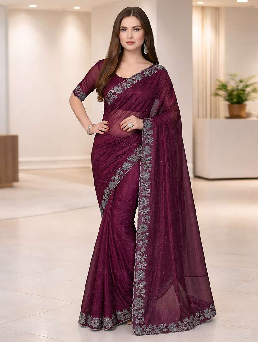 women solid with work embellished saree with blouse