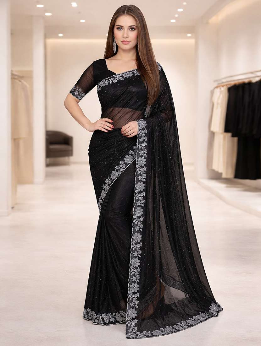 women solid with work embellished saree with blouse