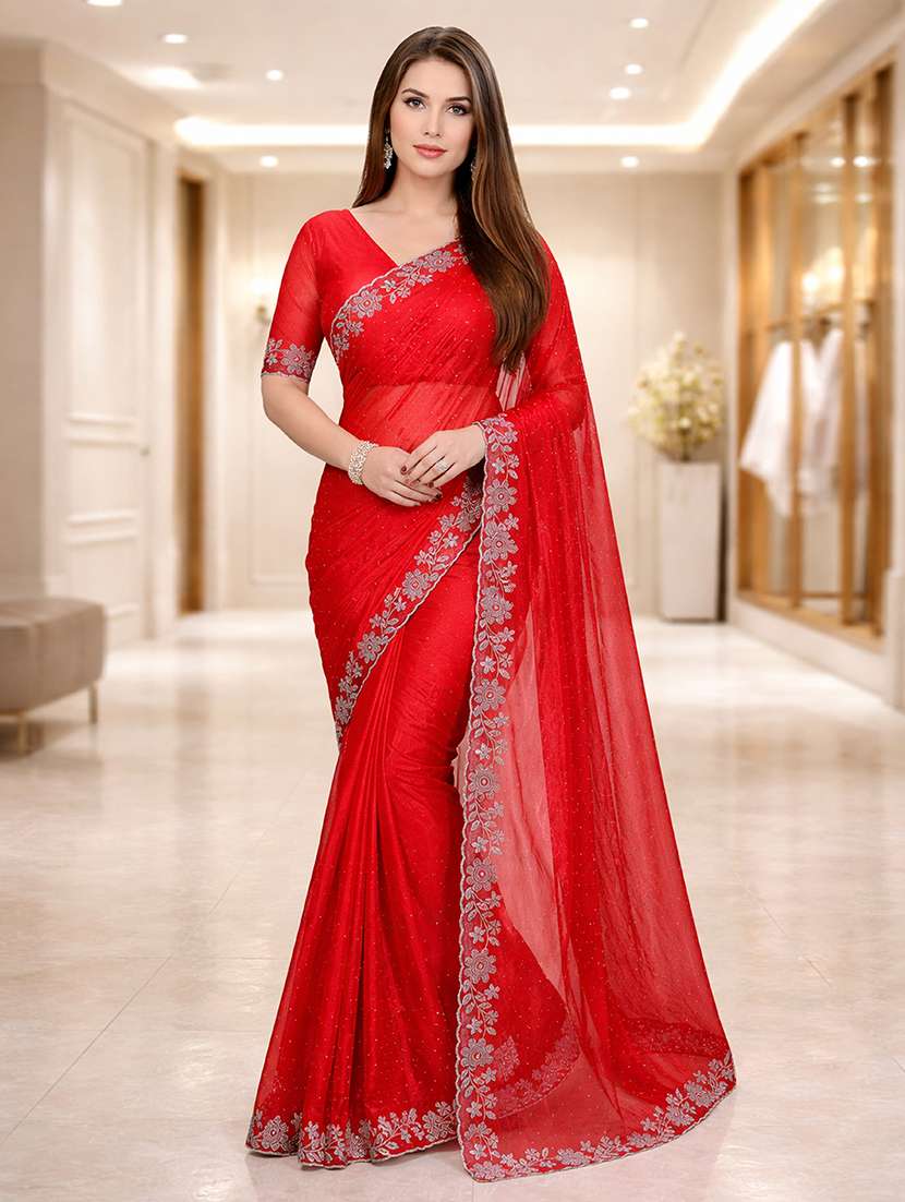women solid with work embellished saree with blouse