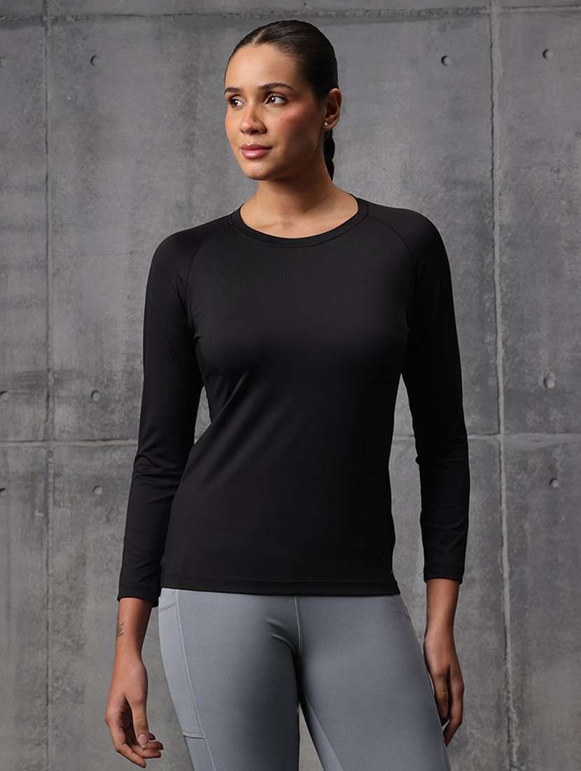 women solid round neck active wear t-shirt