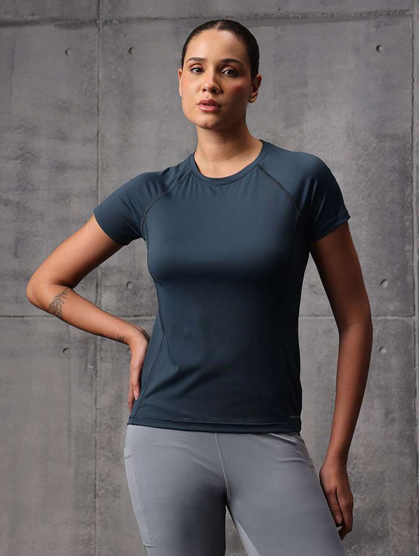 women solid round neck active wear t-shirt