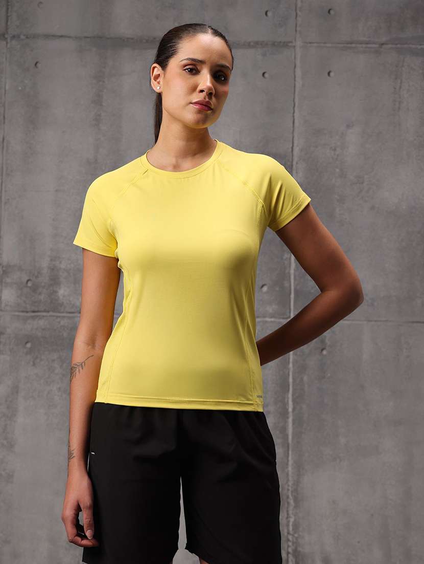 women solid round neck active wear t-shirt