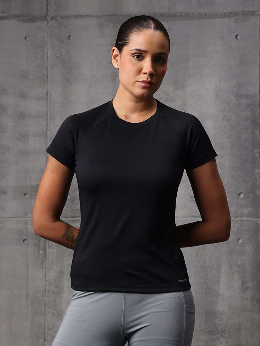 women solid round neck active wear t-shirt