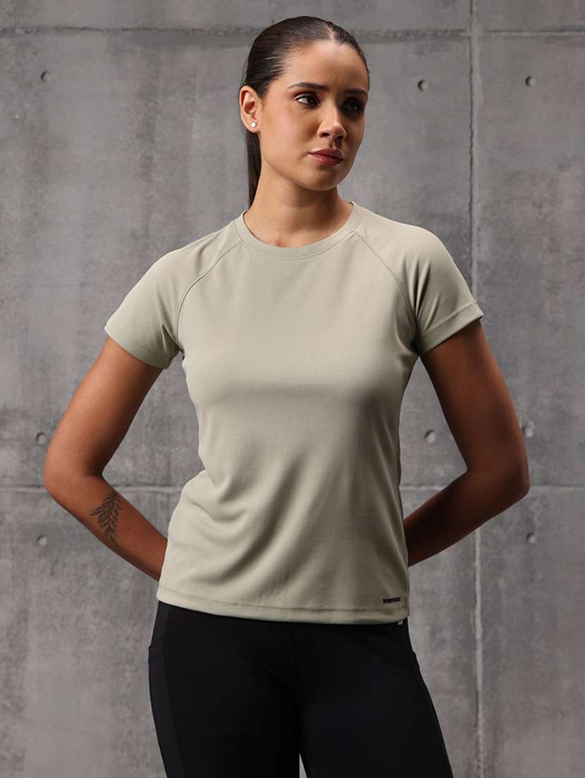 women solid round neck active wear t-shirt