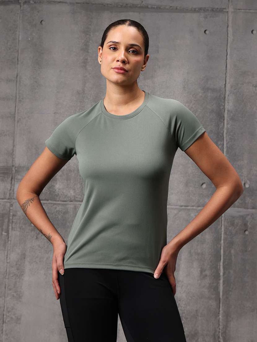 women solid round neck active wear t-shirt