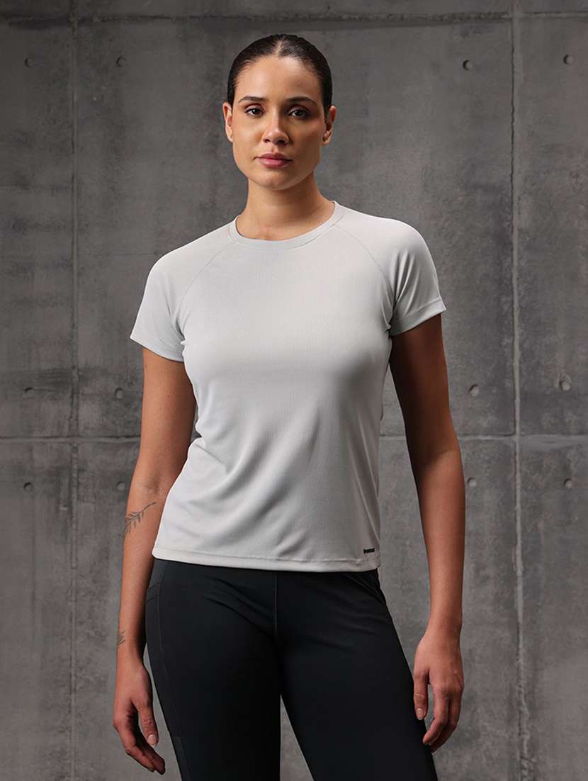 women solid round neck active wear t-shirt