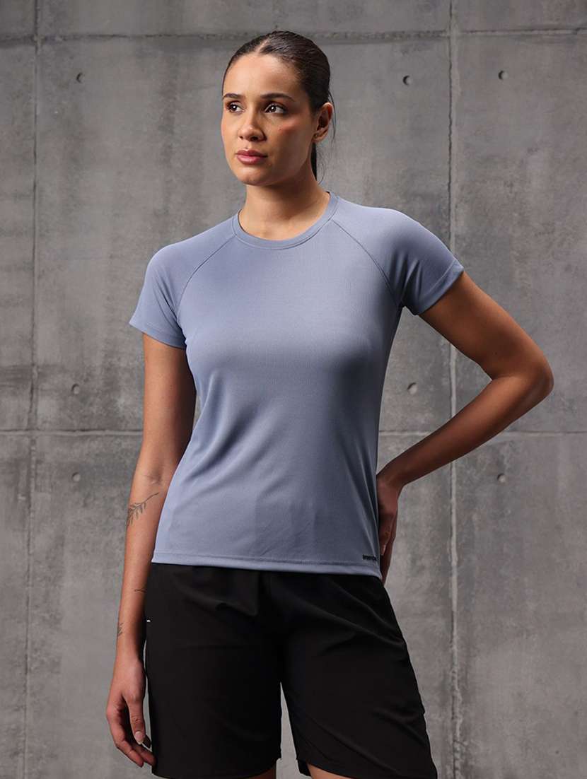 women solid round neck active wear t-shirt