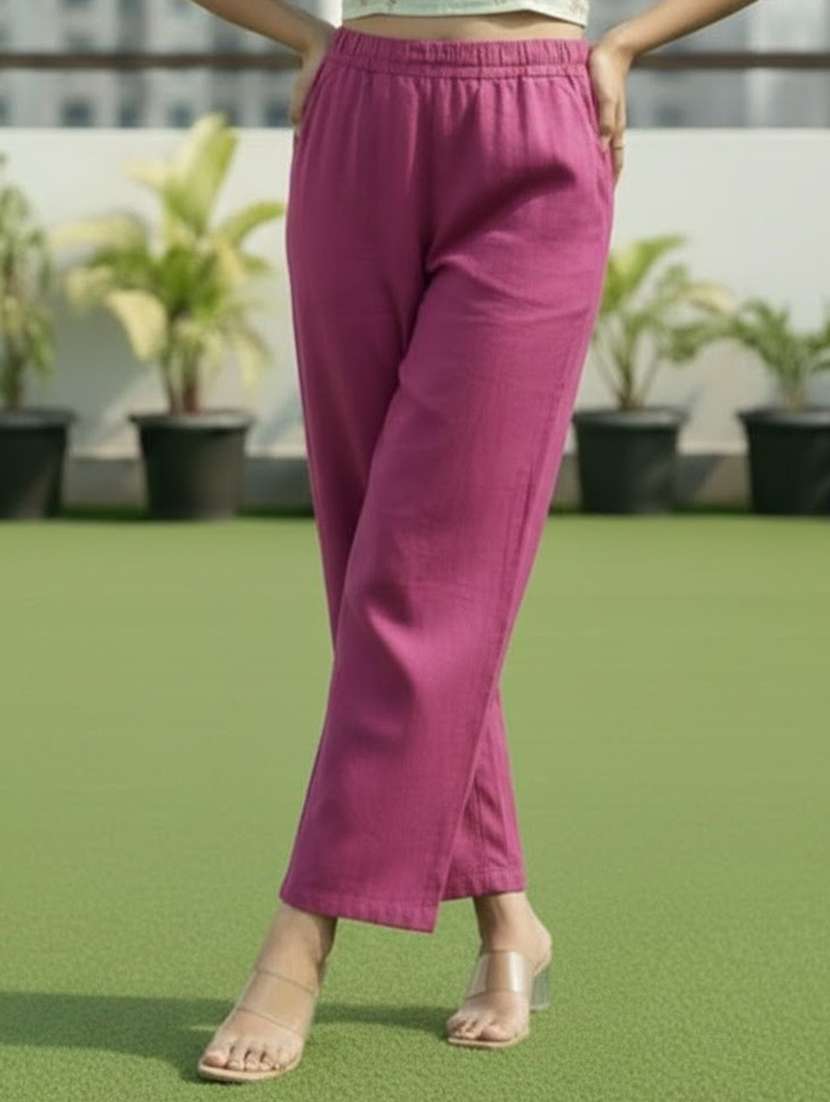 women solid mid rise straight fit palazzo