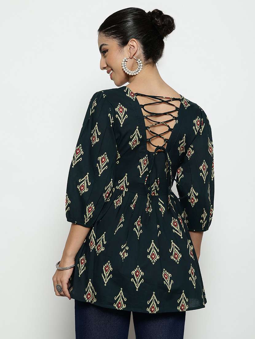 v neck three quarter sleeves ikat flared cotton tunic - 22512224 -  Standard Image - 3