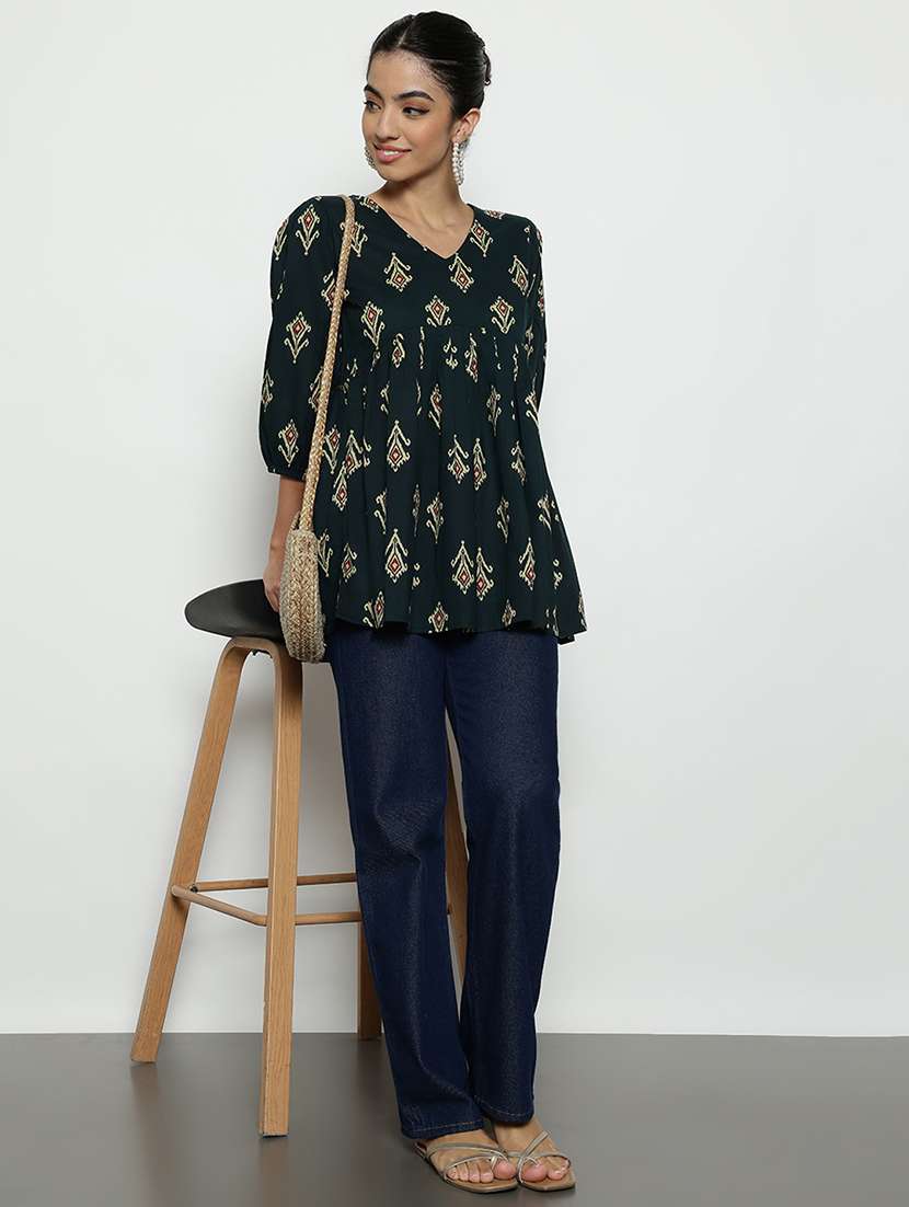v neck three quarter sleeves ikat flared cotton tunic - 22512224 -  Standard Image - 5