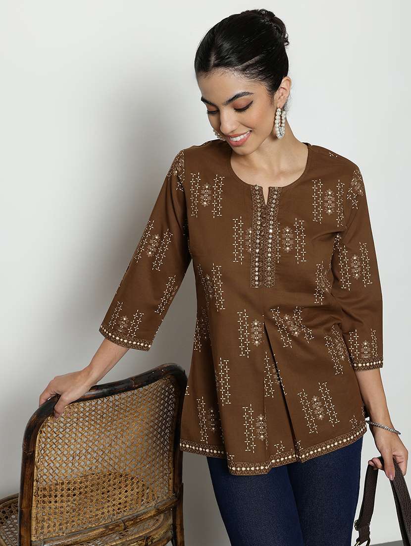 women printed three quarter sleeves a-line tunic
