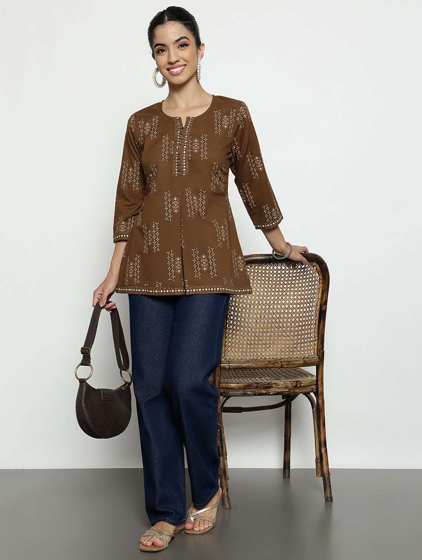 women printed three quarter sleeves a-line tunic - 22512229 -  Standard Image - 5