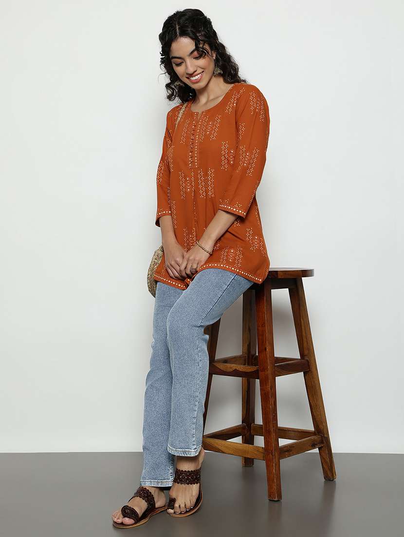 women printed three quarter sleeves a-line tunic - 22512231 -  Standard Image - 5