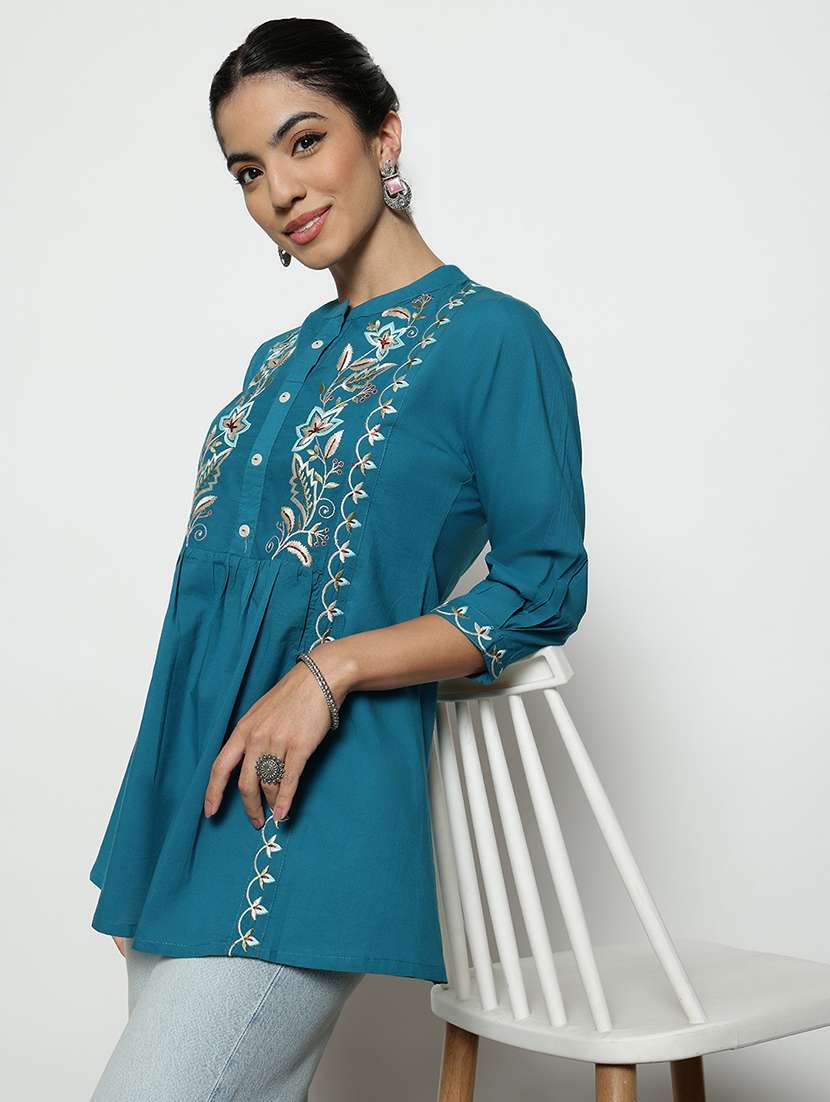 women embroidered three quarter sleeves a-line tunic