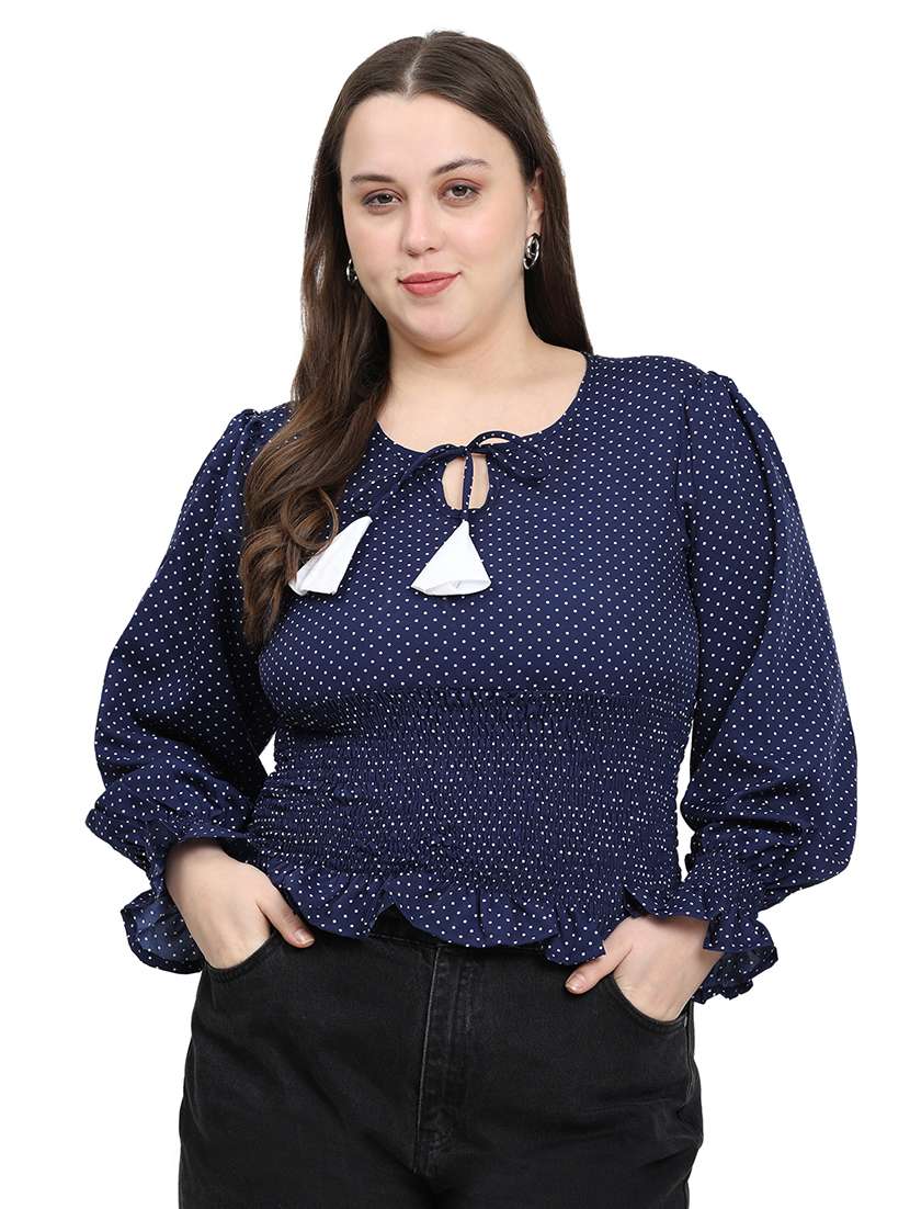 women polka dots long sleeves ruched top