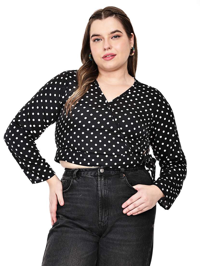 women polka dots long sleeves crop top