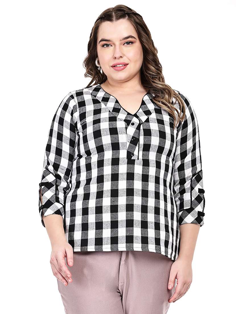 women checkered three quarter sleeves regular top