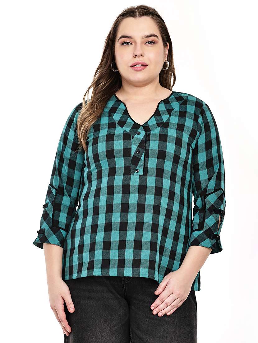 women checkered three quarter sleeves regular top