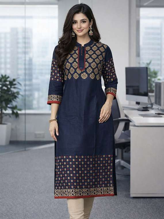 women printed three quarter sleeve straight kurta