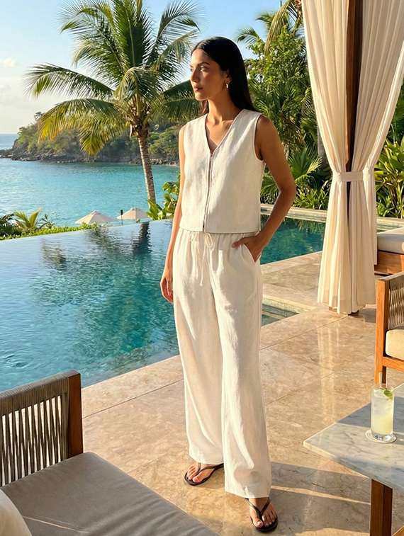 women solid sleeveless top and trouser co-ord set