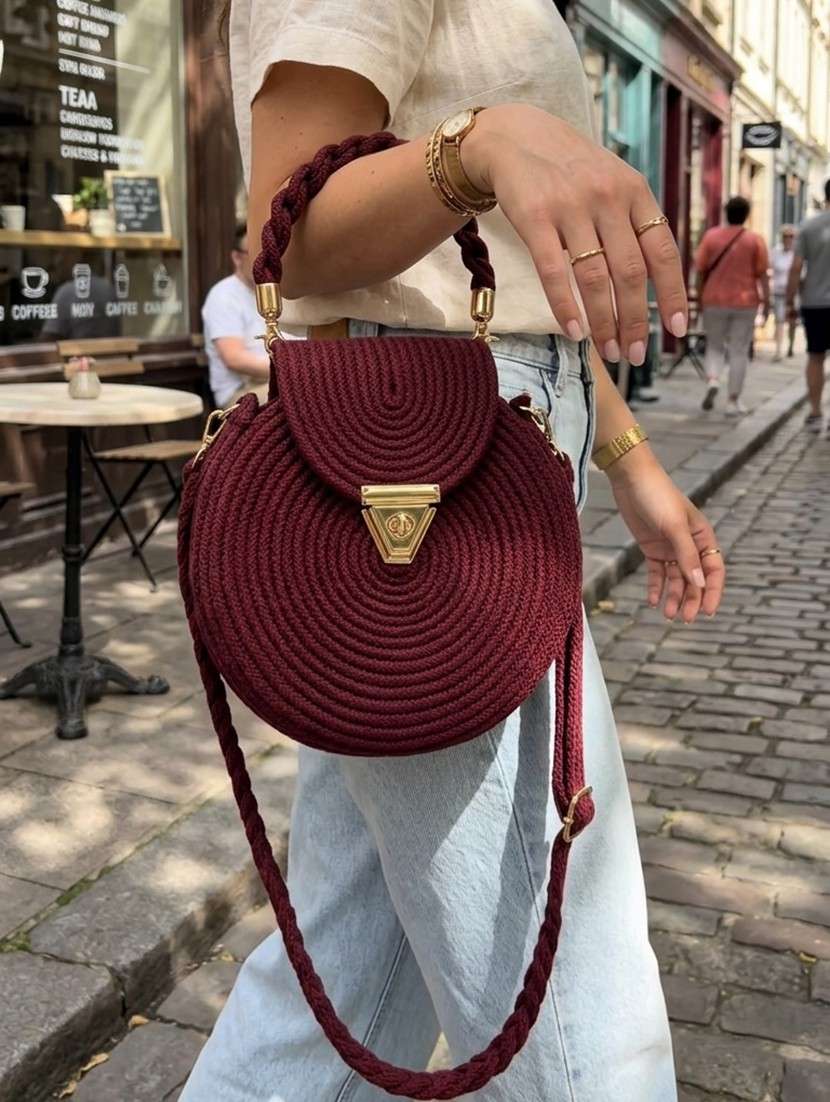 round maroon cotton rope handbag with gold clasp