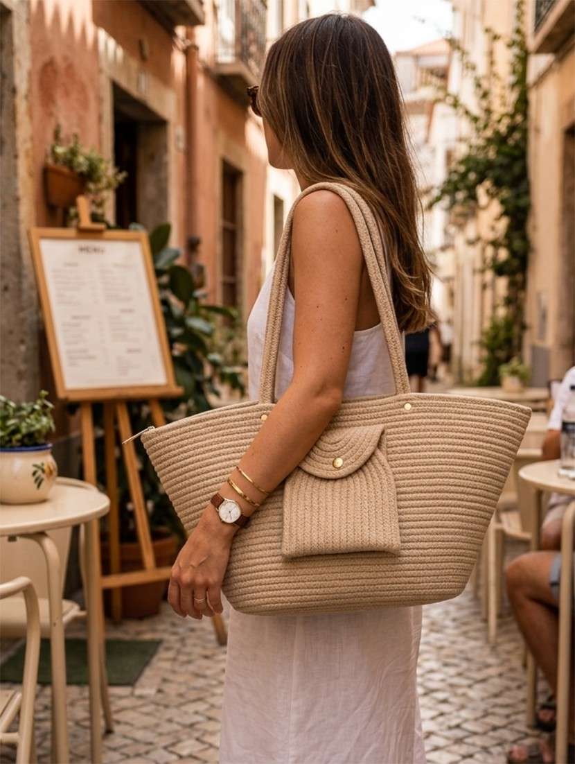 beige cotton tote bag with zip closure
