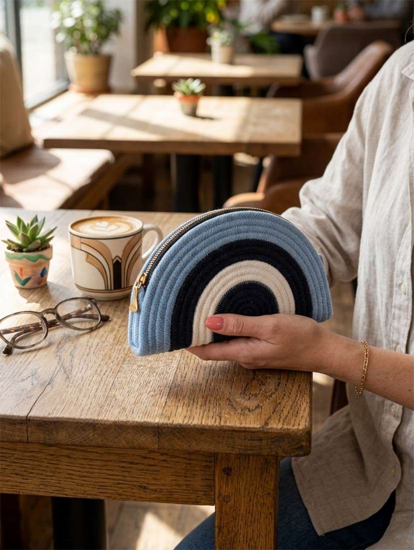 blue and white woven half moon shaped clutch bag