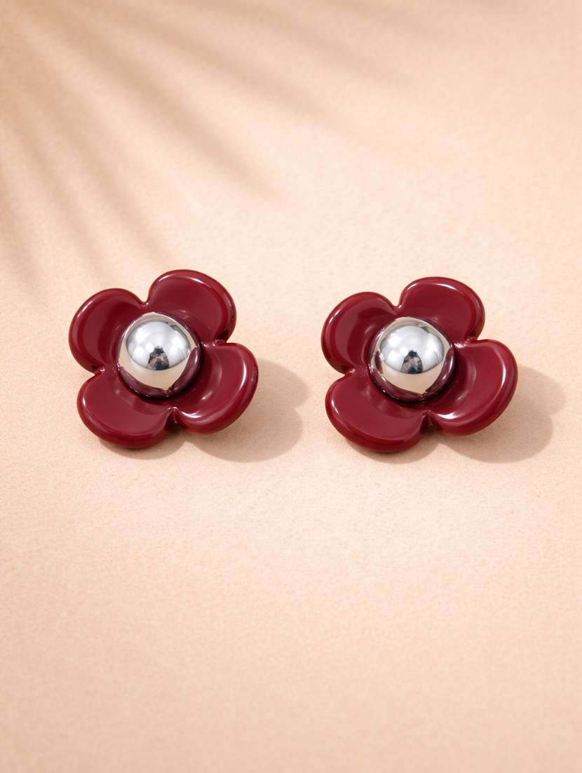 elegant red floral stud earrings with metallic center