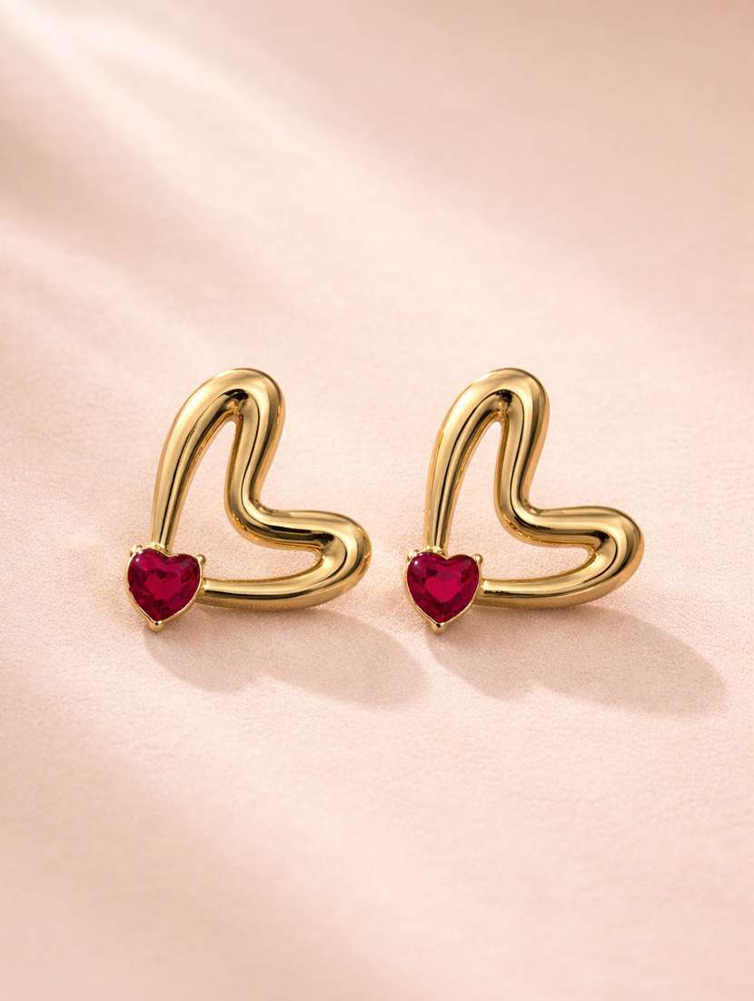 premium gold heart outline stud earrings with red stone