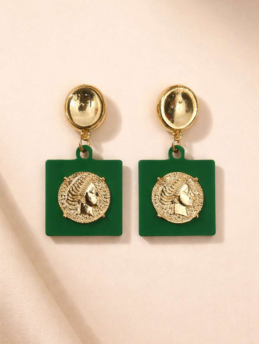 trendy gold-tone green square drop earrings with coin design for women