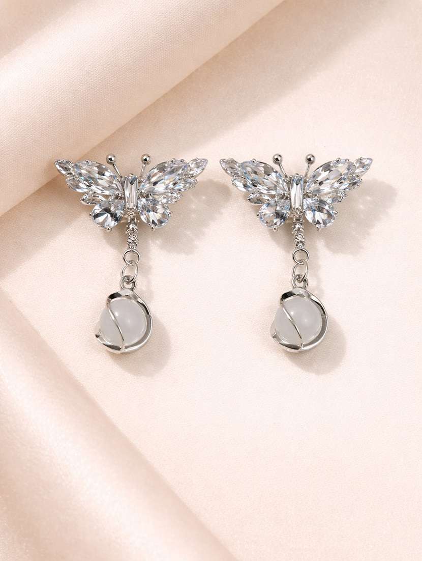 elegant silver-tone butterfly crystal drop earrings with pearl for women