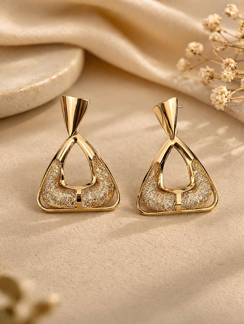 elegant gold-toned geometric drop earrings with crystal detailing for women