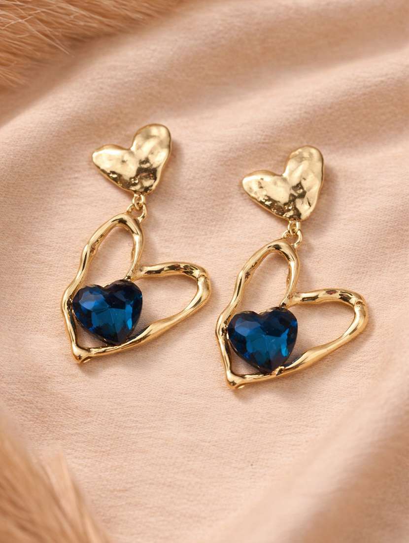 stylish gold-tone heart drop earrings with blue crystal for women