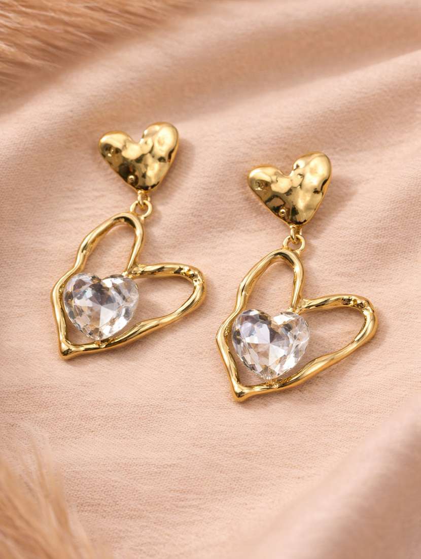 stylish gold-tone heart drop earrings with silver crystal for women