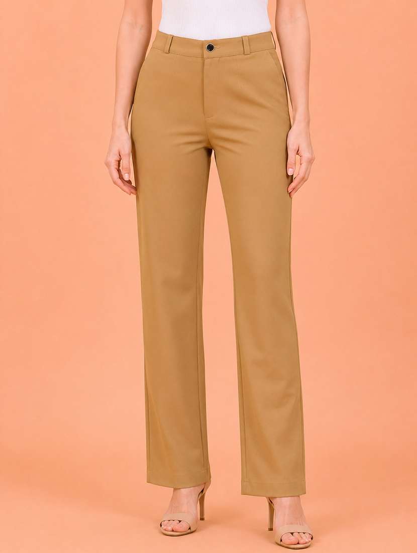 women solid high rise straight fit trouser