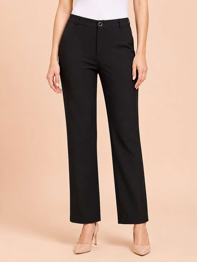 women solid high rise straight fit trouser
