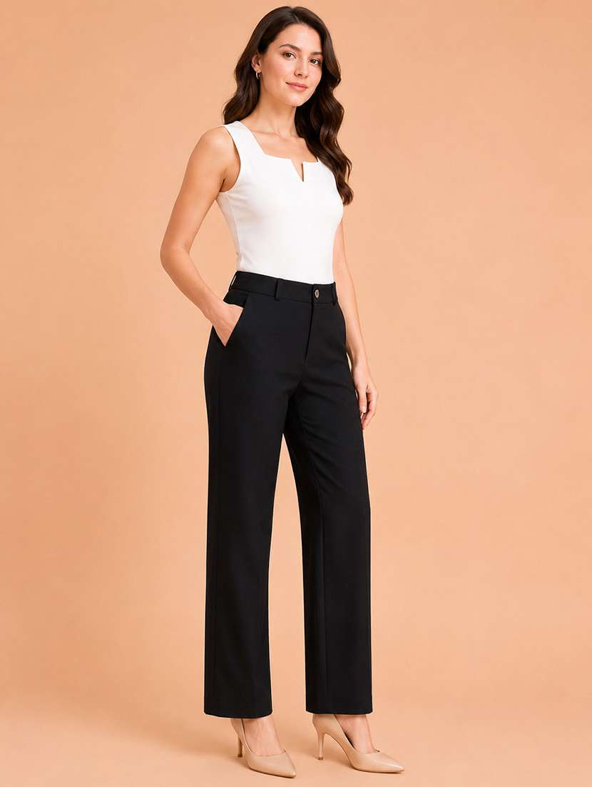 women solid high rise straight fit trouser - 22512707 -  Standard Image - 3