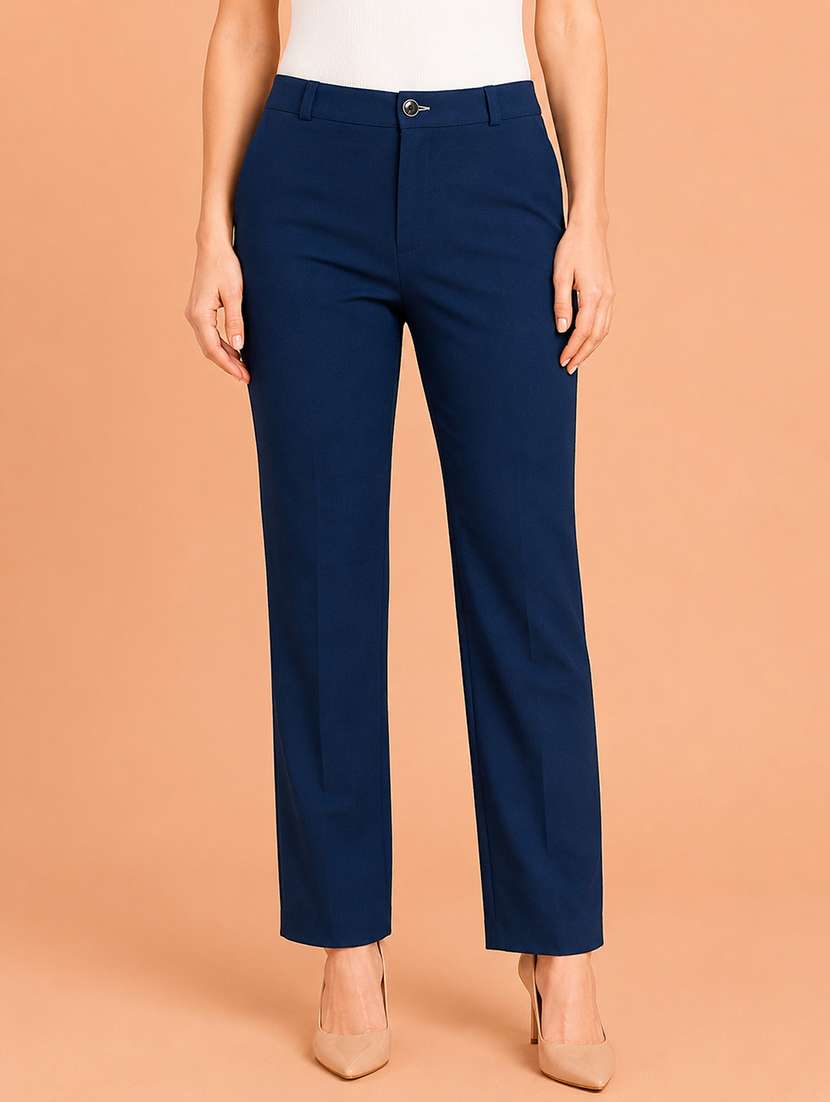 women solid high rise straight fit trouser