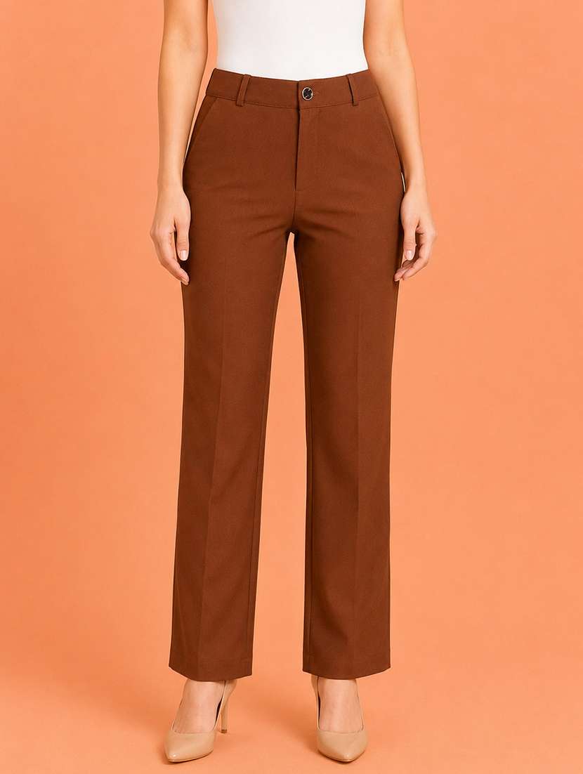 women solid high rise straight fit trouser