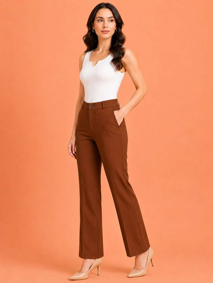 women solid high rise straight fit trouser - 22512709 -  Standard Image - 3