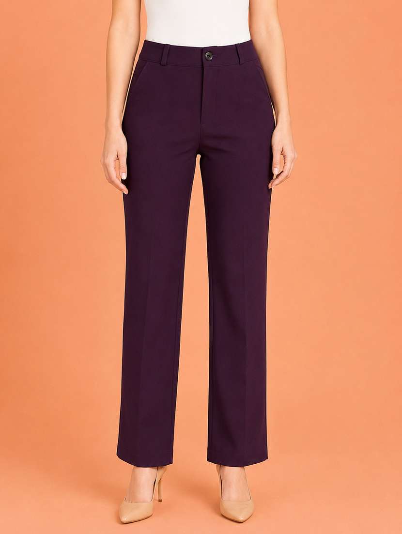 women solid high rise straight fit trouser