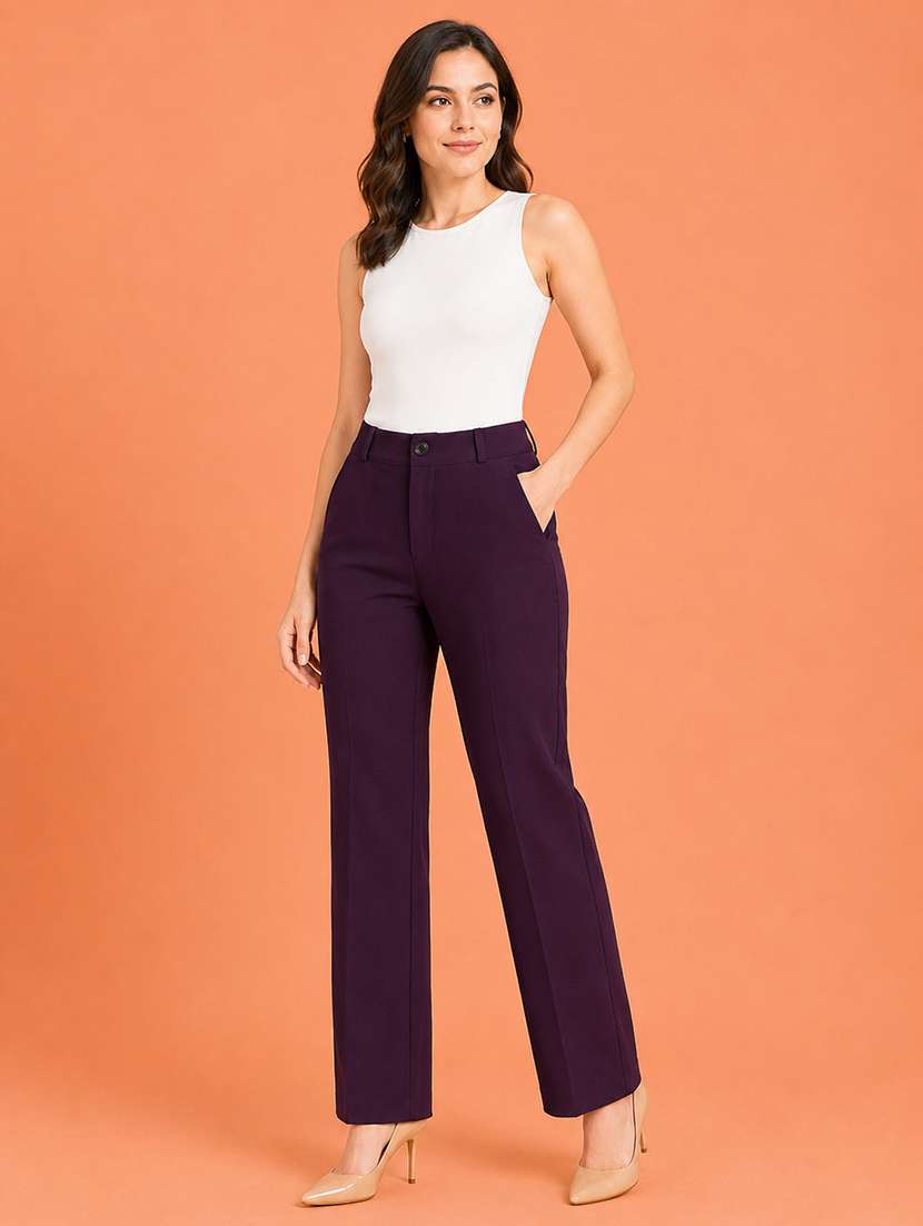 women solid high rise straight fit trouser - 22512710 -  Standard Image - 3