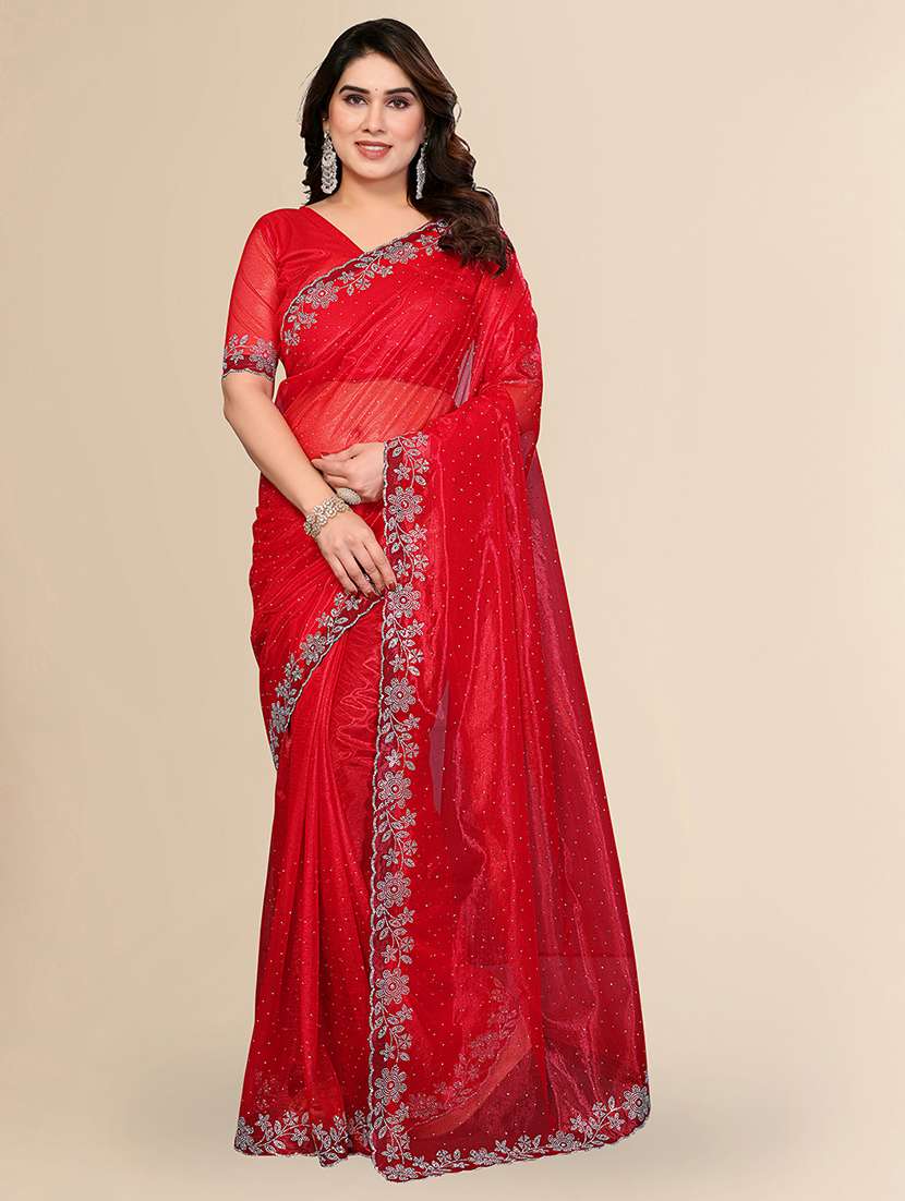 women solid with work embellished saree with blouse