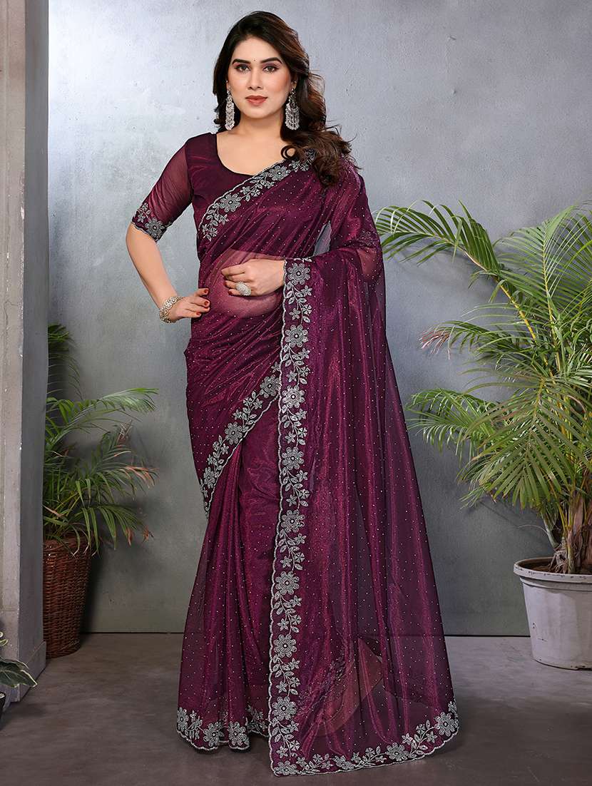 women solid with work embellished saree with blouse