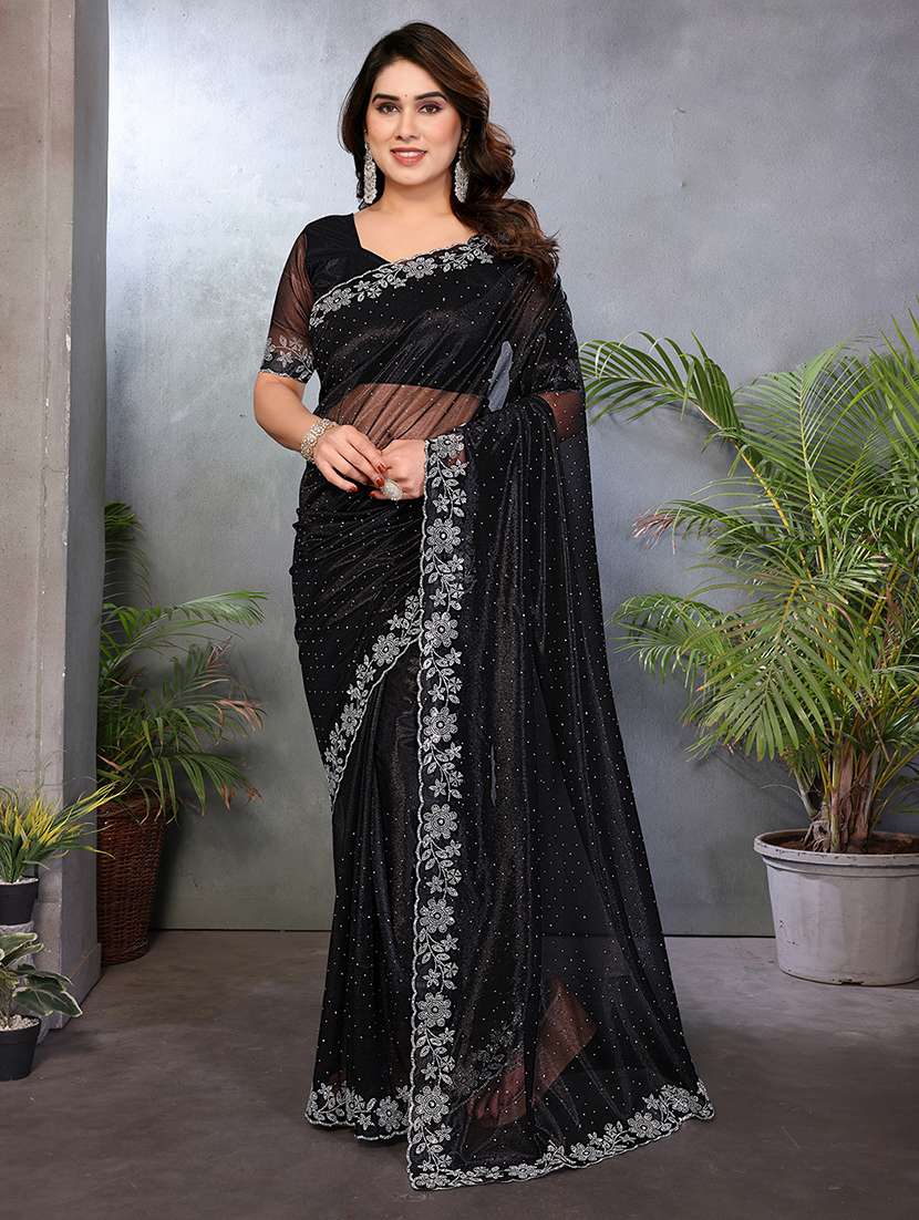 women solid with work embellished saree with blouse