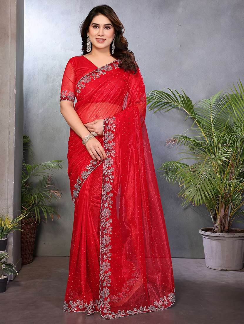 women solid with work embellished saree with blouse