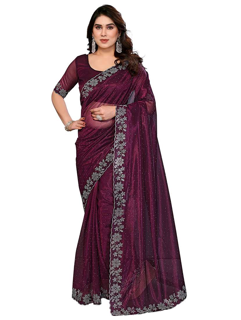 women solid with work embellished saree with blouse