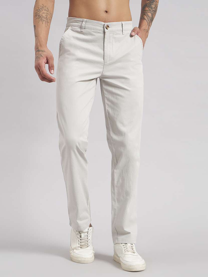 men solid mid rise flat front casual trouser