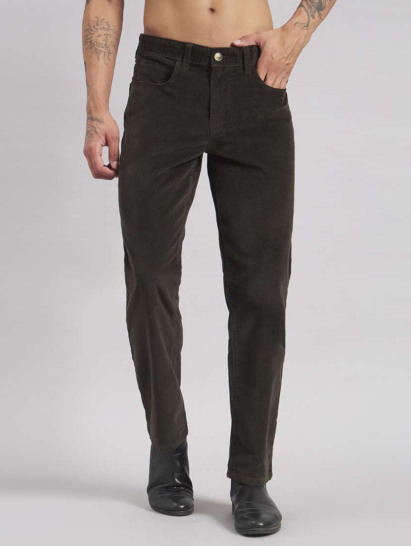 men solid mid rise flat front casual trouser