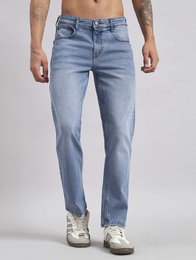 men washed mid rise full length straight jeans